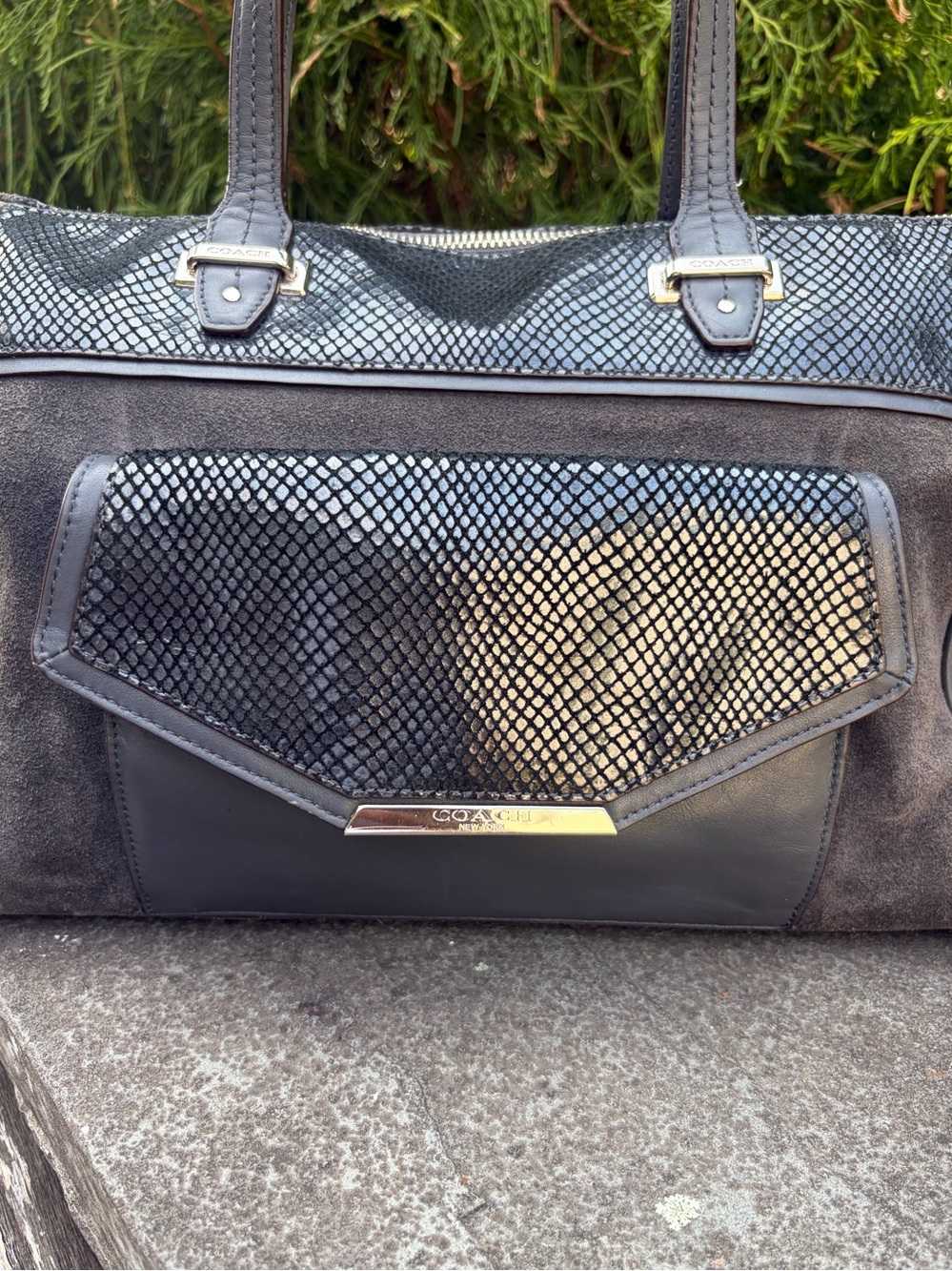 Coach Suede Embossed Snakeskin Mixed Material Satchel - Picture 4 of 17